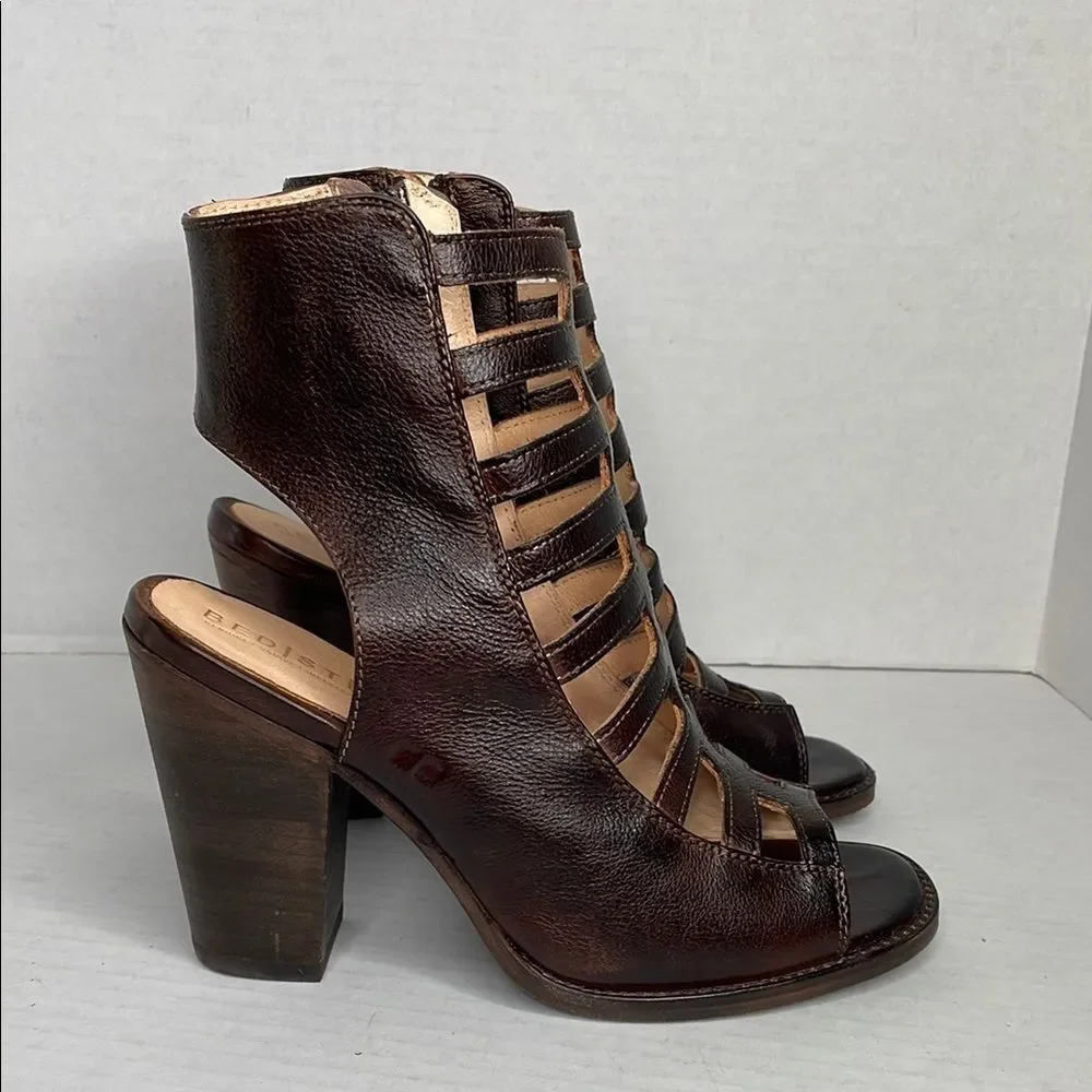 Bed Stu Occam dark brown rustic leather peep toe Gladiator Heels